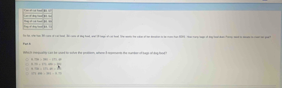 So far, she has 30 cans of cat food, 34 cans of dog food, and 18 bags of cat food. She wants the value of her donation to be more than $381. How many bags of dog food does Penny need to donate to meet her ga
Part A
Which inequality can be used to solve the problem, where δrepresents the number of bags of dog food?
8.73b>381-171.48
8.73+171.48b>381
8.73b+171.48>381
171.48b>381-8.73