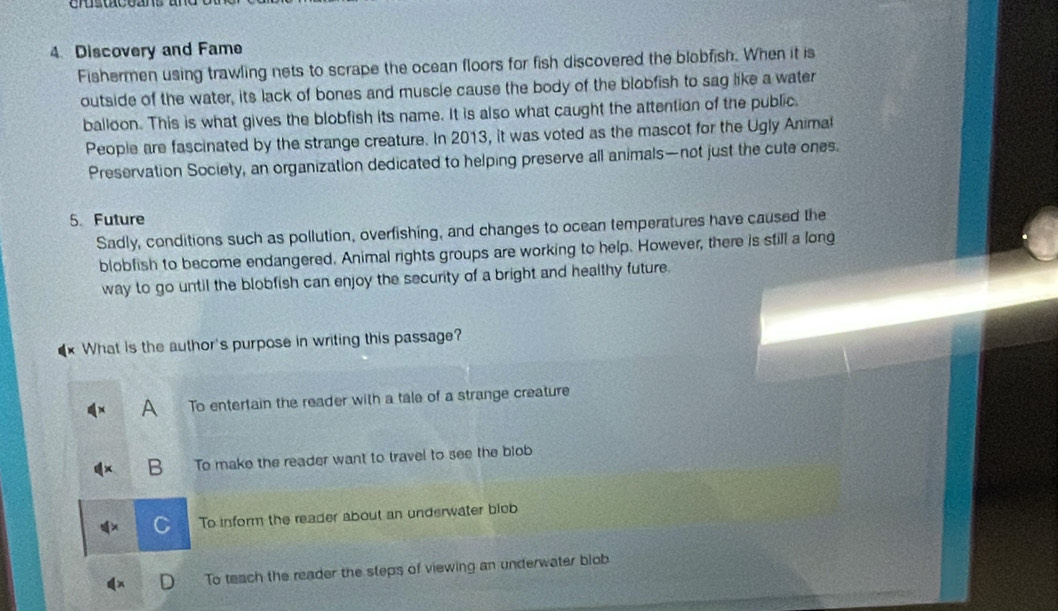 Discovery and Fame
Fishermen using trawling nets to scrape the ocean floors for fish discovered the blobfish. When it is
outside of the water, its lack of bones and muscle cause the body of the blobfish to sag like a water
balloon. This is what gives the blobfish its name. It is also what caught the attention of the public.
People are fascinated by the strange creature. In 2013, it was voted as the mascot for the Ugly Animal
Preservation Society, an organization dedicated to helping preserve all animals—not just the cute ones.
5. Future
Sadly, conditions such as pollution, overfishing, and changes to ocean temperatures have caused the
blobfish to become endangered. Animal rights groups are working to help. However, there is still a long
way to go until the blobfish can enjoy the security of a bright and healthy future.
What is the author's purpose in writing this passage?
A To entertain the reader with a tale of a strange creature
B To make the reader want to travel to see the blob
To inform the reader about an underwater blob
To teach the reader the steps of viewing an underwater blob
