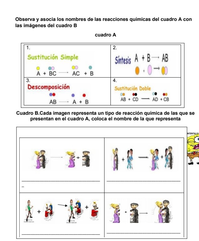 Observa y asocia los nombres de las reacciones químicas del cuadro A con
las imágenes del cuadro B
cuadro A
Cuadro B.Cada imagen representa un tipo de reacción química de las que se
presentan en el cuadro A, coloca el nombre de la que representa
TALO