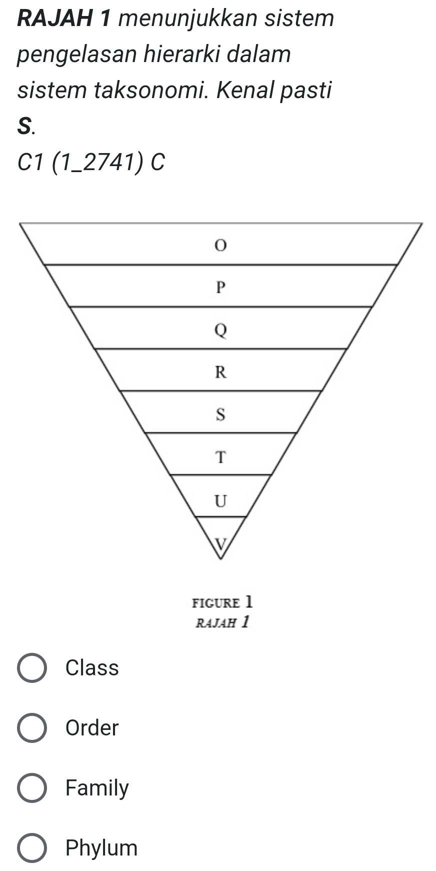 RAJAH 1 menunjukkan sistem
pengelasan hierarki dalam
sistem taksonomi. Kenal pasti
S.
C1(1_ 2741)C 
FIGURE 1
RAJAH 1
Class
Order
Family
Phylum