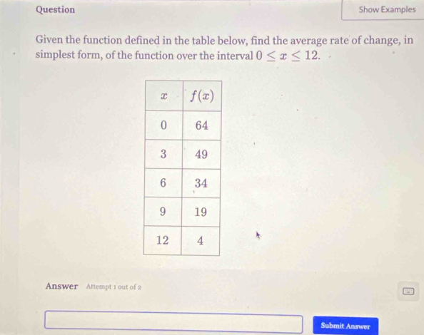 Question Show Examples
Given the function defined in the table below, find the average rate of change, in
simplest form, of the function over the interval 0≤ x≤ 12.
Answer Attempt 1 out of 2
Submit Answer