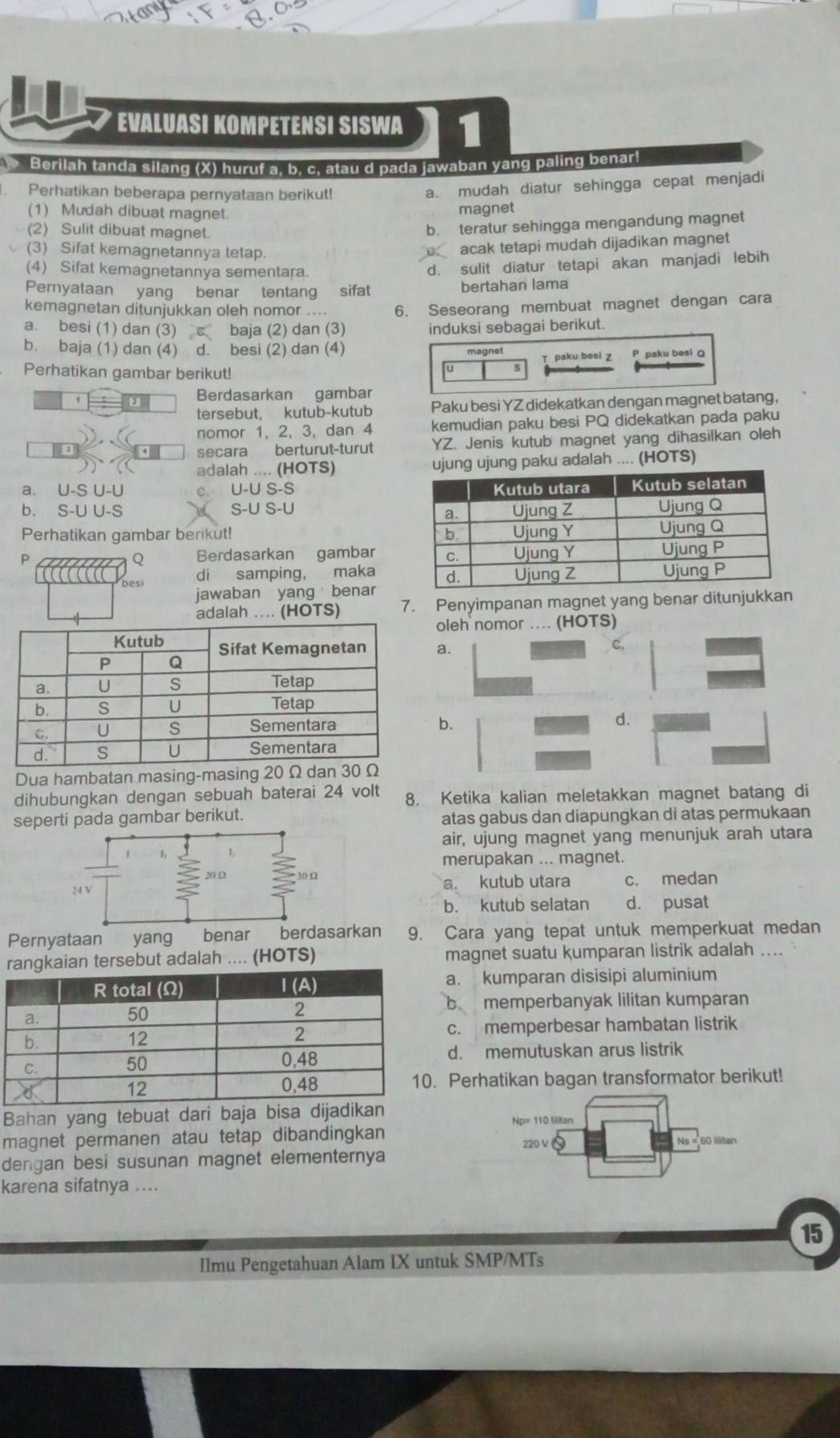 EVALUASI KOMPÉTENSI SISWA 1
Berilah tanda silang (X) huruf a, b. c, atau d pada jawaban yang paling benar!
. Perhatikan beberapa pernyataan berikut!
a. mudah diatur sehingga cepat menjadi
(1) Mudah dibuat magnet
magnet
(2) Sulit dibuat magnet.
b. teratur sehingga mengandung magnet
(3) Sifat kemagnetannya tetap.
acak tetapi mudah dijadikan magnet
(4) Sifat kemagnetannya sementara.
d. sulit diatur tetapi akan manjadi lebih
Pernyataan yang benar tentang sifat bertahan lama
kemagnetan ditunjukkan oleh nomor .... 6. Seseorang membuat magnet dengan cara
a. besi (1) dan (3) baja (2) dan (3) induksi sebagai berikut.
b. baja (1) dan (4) d. besi (2) dan (4) magnet
T paku besi z P paku besi 
Perhatikan gambar berikut!
U s
2 Berdasarkan gambar
tersebut, kutub-kutub Paku besi YZ didekatkan dengan magnet batang,
nomor 1, 2, 3, dan 4 kemudian paku besi PQ didekatkan pada paku
secara berturut-turut YZ. Jenis kutub magnet yang dihasilkan oleh
adalah .... (HOTS) ku adalah .... (HOTS)
a. U-S U-U J-U S-S
b. S-U U-S 
Perhatikan gambar berikut! 
P Berdasarkan gambar
Q
di samping, maka
jawaban yang benar
adalah .... (HOTS) 7. Penyimpanan magnet yang benar ditunjukkan
oleh nomor .... (HOTS)
a.
C.
b. d.
Dua hambatan masing-masing 2
dihubungkan dengan sebuah baterai 24 volt 8. Ketika kalian meletakkan magnet batang di
seperti pada gambar berikut. atas gabus dan diapungkan di atas permukaan
air, ujung magnet yang menunjuk arah utara
1
merupakan ... magnet.
20.1 30Ω
24 V a. kutub utara c. medan
b. kutub selatan d. pusat
Pernyataan yang benar berdasarkan 9. Cara yang tepat untuk memperkuat medan
rkaian tersebut adalah .... (HOTS) magnet suatu kumparan listrik adalah ....
a. kumparan disisipi aluminium
b memperbanyak lilitan kumparan
c. memperbesar hambatan listrik
d. memutuskan arus listrik
Perhatikan bagan transformator berikut!
Bahan yang tebuat dari baja bisa di
Np= 110 lilitan
magnet permanen atau tetap dibandingkan 220 V Ns 60 Illitan
dengan besi susunan magnet elementernya
karena sifatnya ....
15
Ilmu Pengetahuan Alam IX untuk SMP/MTs