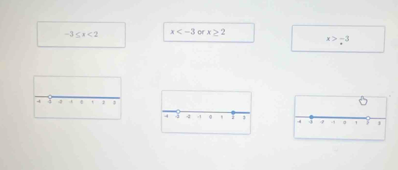 -3≤ x<2</tex>
x or x≥ 2
x>-3