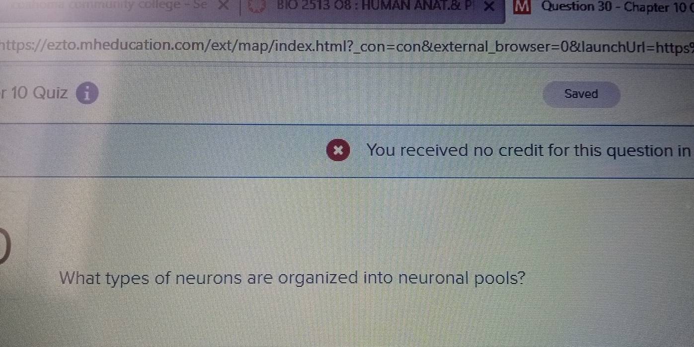 comhoma community college -Se BIO 2513 O8 : HUMAN ANAT.& P Question 30 - Chapter 10 ( 
https://ezto.mheducation.com/ext/map/index.html?_con=con&external_browser=0&launchUrl=https: 
r 10 Quiz 1 Saved 
x You received no credit for this question in 
What types of neurons are organized into neuronal pools?