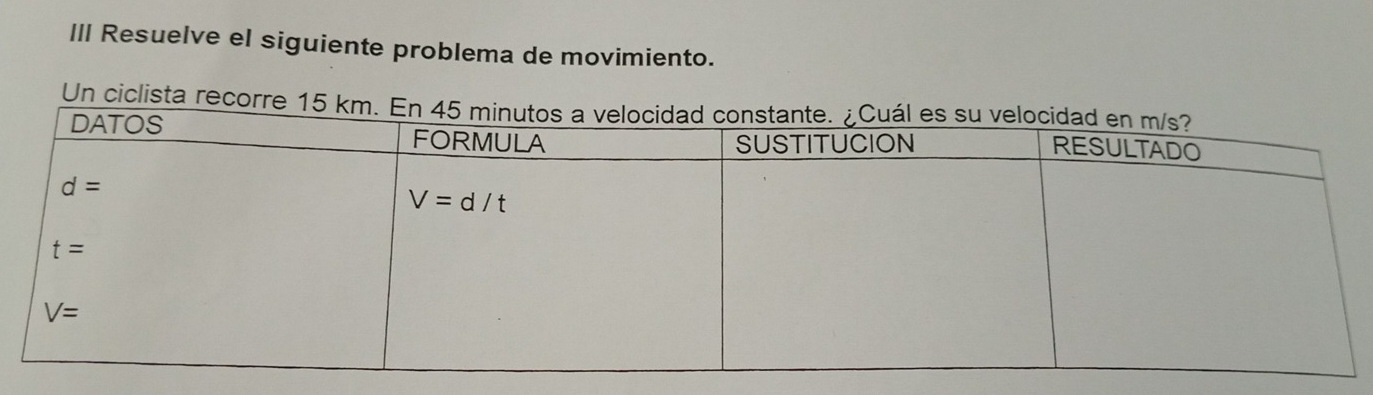 III Resuelve el siguiente problema de movimiento.
Un ciclista recorre 15 km