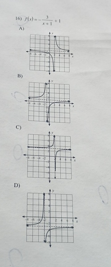 f(x)=- 3/x+1 +1
A) 
B) 
C) 
D)