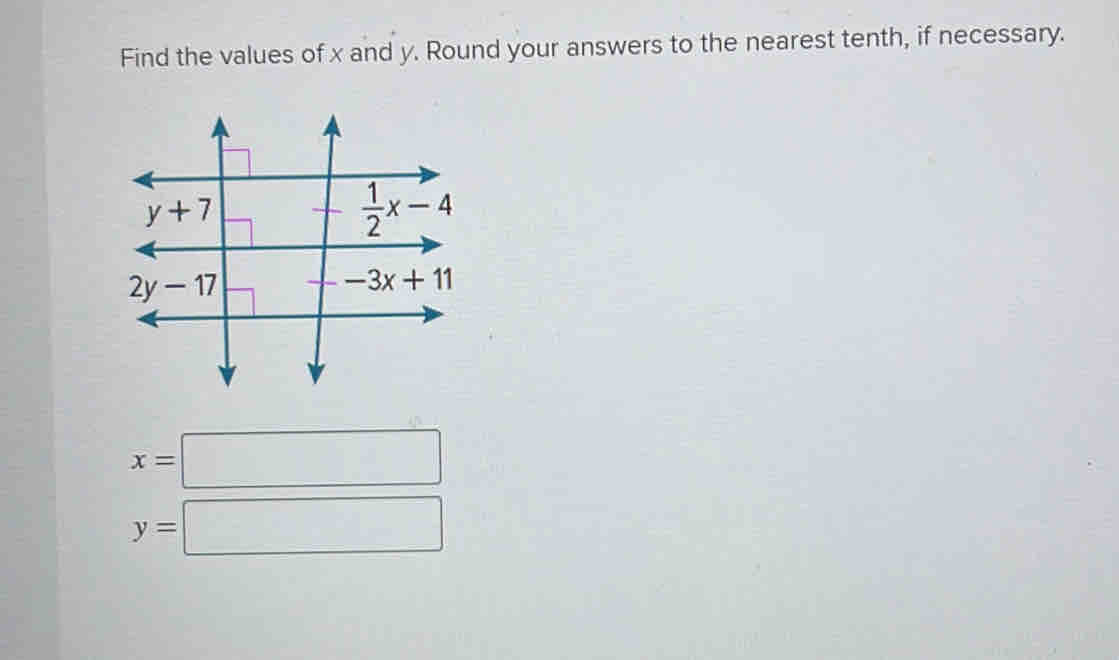 Find the values of x and y. Round your answers to the nearest tenth, if necessary.
x=□
y=□