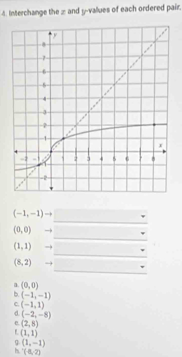 Interchange the x and y -values of each ordered pair.
_
(-1,-1)
_
(0,0)
_
(1,1)
_
(8,2)
a. (0,0)
b. (-1,-1)
C. (-1,1)
d. (-2,-8)
e. (2,8)
f (1,1)
g (1,-1)
h. (-8,-2)