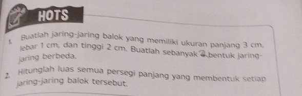 HOTS 
1. Buatlah jaring-jaring balok yang memiliki ukuran panjang 3 cm. 
lebar 1 cm, dan tinggi 2 cm. Buatlah sebanyak 
jaring berbeda. Kbentuk jaring 
2. Hitunglah luas semua persegi panjang yang membentuk setiap 
jaring-jaring balok tersebut.