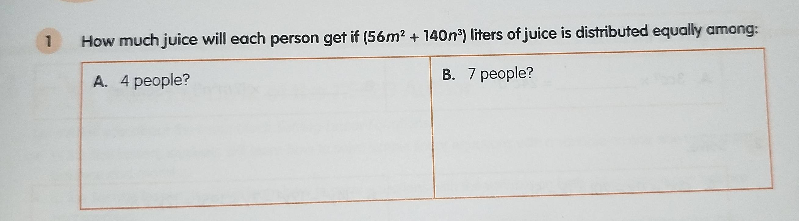 How much juice will each person get if (56m^2+140n^3) liters of juice is distributed equally among: