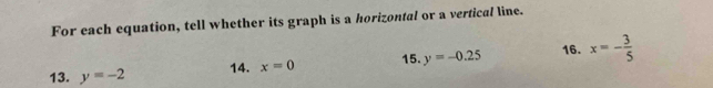 For each equation, tell whether its graph is a horizontal or a vertical line. 
15. 
13. y=-2 14. x=0 y=-0.25 16. x=- 3/5 