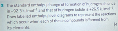 The standard enthalpy change of formation of hydrogen chloride 
is -92.3kJmol^(-1) and that of hydrogen iodide is +26.5kJmol^(-1). 
Draw labelled enthalpy level diagrams to represent the reactions 
which occur when each of these compounds is formed from 
(4 
its elements.