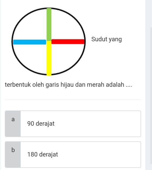 terbentuk oleh garis hijau dan merah adalah ....
a
90 derajat
b
180 derajat