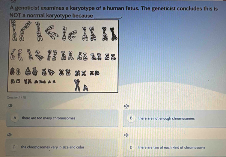 A geneticist examines a karyotype of a human fetus. The geneticist concludes this is
NOT a normal karyotype because_ 
Question 1 / 10
A there are too many chromosomes B there are not enough chromosomes
C the chromosomes vary in size and color D there are two of each kind of chromosome