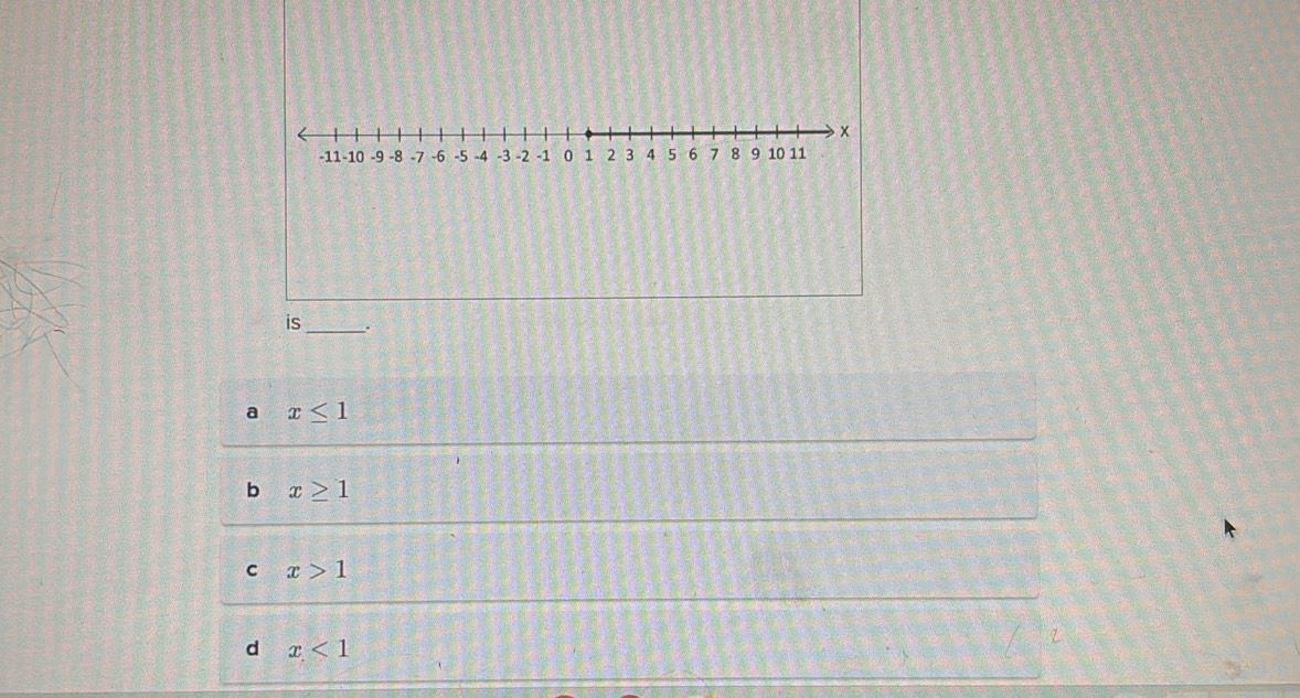 is_ .
a x≤ 1
b x≥ 1
C x>1
d x<1</tex>