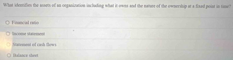 What identifies the assets of an organization including what it owns and the nature of the ownership at a fixed point in time?
Financial ratio
Income statement
Statement of cash flows
Balance sheet