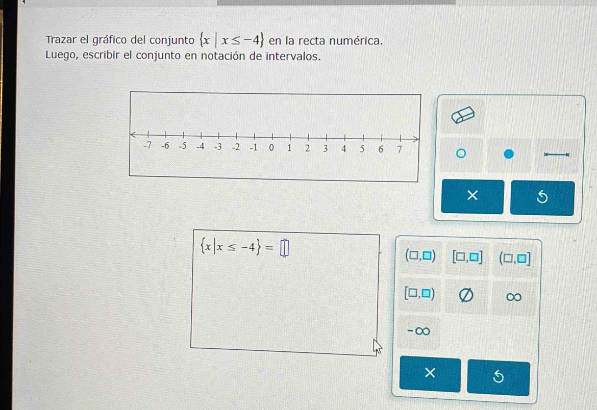 Trazar el gráfico del conjunto  x|x≤ -4 en la recta numérica. 
Luego, escribir el conjunto en notación de intervalos. 
×
 x|x≤ -4 =□
(□ ,□ ) [□ ,□ ] (□ ,□ ]
[□ ,□ )
-∞
×