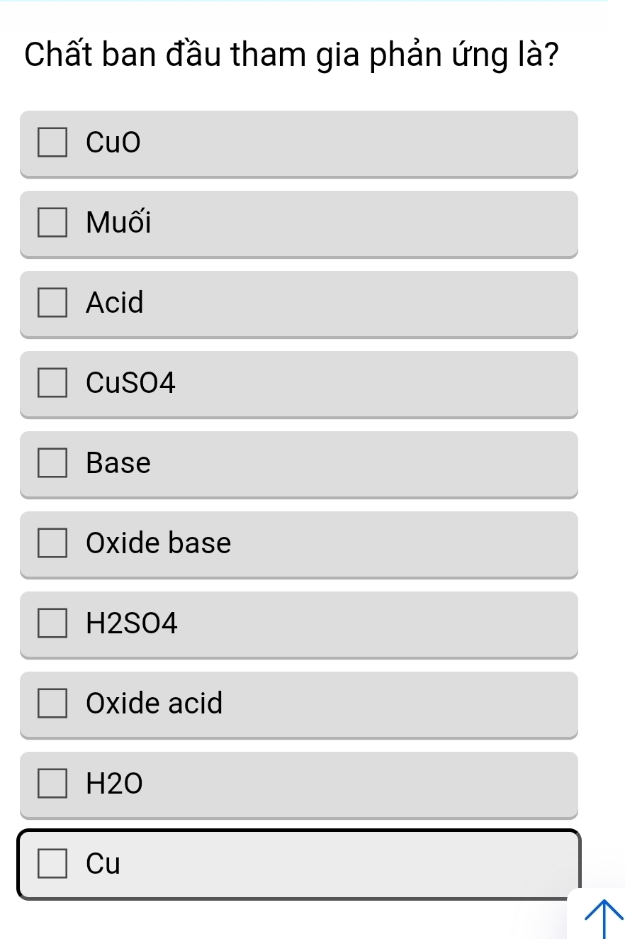 Chất ban đầu tham gia phản ứng là?
CuO
Muối
Acid
CuSO4
Base
Oxide base
H2SO4
Oxide acid
H2O
Cu