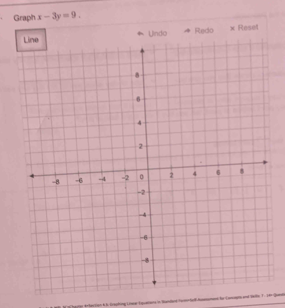 Graph x-3y=9. 
Undo Redo × Reset 
Chapter 4×Section 4.5: Graphing Linear Equations in Standard Form>Self-Assessment for Concepts and Skills: 7-14= Quest