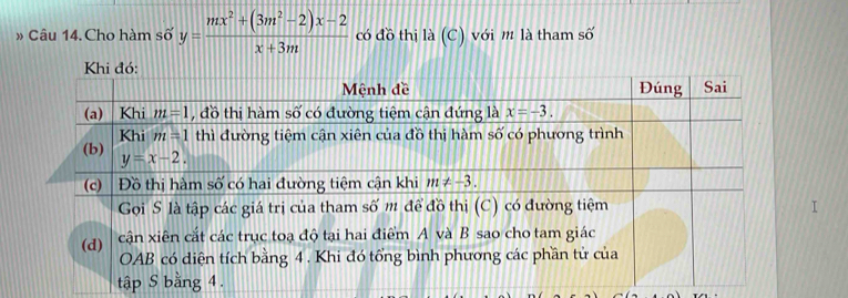 » Câu 14. Cho hàm số y= (mx^2+(3m^2-2)x-2)/x+3m  có đồ thị là (C) với m là tham số