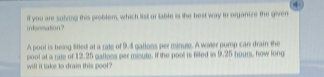 If you are solving this problem, which list or table is the best way to organize the given 
information? 
A pool is being filled at a rate of 9.4 gallons per minute. A water pump can drain the 
pool at a rate of 12.25 gallons per minute. If the pool is filled in 9.25 hours, how long 
will it take to drain this pool?