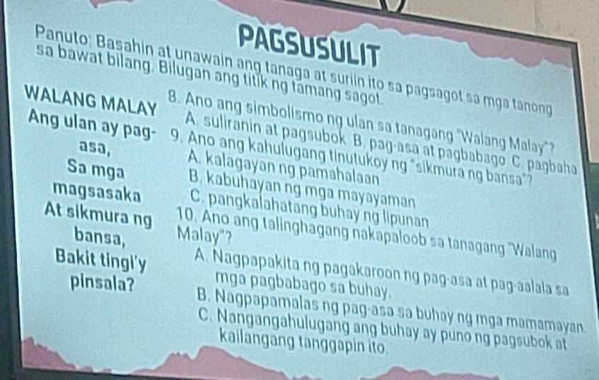 Solved: PAGSUSULIT Panuto: Basahin at unawain ang tanaga at suriin ito ...