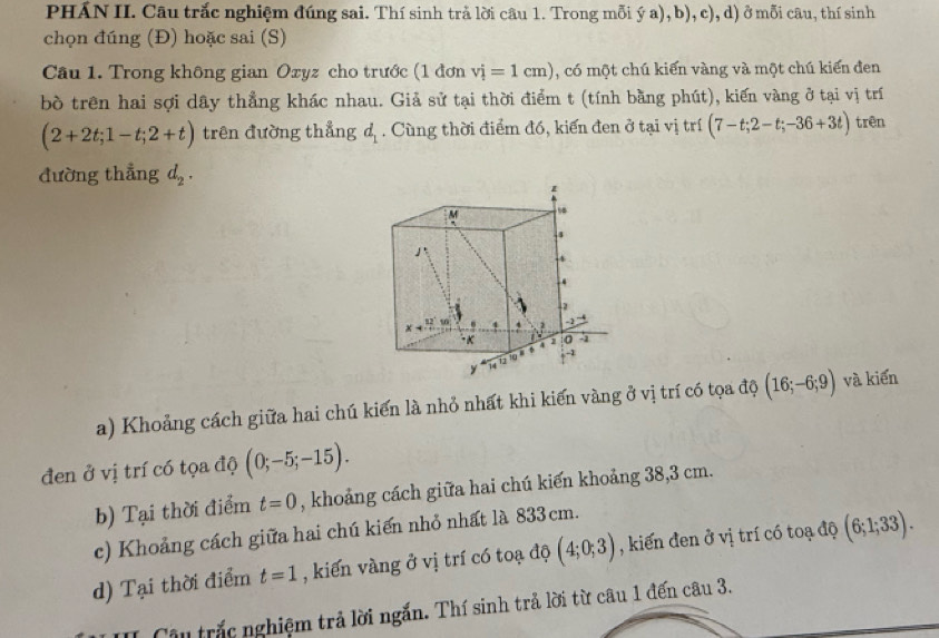 PHÁN II. Câu trắc nghiệm đúng sai. Thí sinh trả lời câu 1. Trong mỗi ý a), b), c), d) ở mỗi câu, thí sinh 
chọn đúng (Đ) hoặc sai (S) 
Câu 1. Trong không gian Oxyz cho trước (1 đơn vi=1=1cm) , có một chú kiến vàng và một chú kiến đen 
bò trên hai sợi dây thẳng khác nhau. Giả sử tại thời điểm t (tính bằng phút), kiến vàng ở tại vị trí
(2+2t;1-t;2+t) trên đường thẳng d_1. Cùng thời điểm đó, kiến đen ở tại vị trí (7-t;2-t;-36+3t) trên 
đường thẳng d_2.
M. 
2 
.
u 1
1 0 -2
6
t^(-1)
y
a) Khoảng cách giữa hai chú kiến là nhỏ nhất khi kiến vàng ở vị trí có tọa độ (16;-6;9) và kiến 
đen ở vị trí có tọa độ (0;-5;-15). 
b) Tại thời điểm t=0 , khoảng cách giữa hai chú kiến khoảng 38,3 cm. 
c) Khoảng cách giữa hai chú kiến nhỏ nhất là 833cm. 
d) Tại thời điểm t=1 , kiến vàng ở vị trí có toạ độ (4;0;3) , kiến đen ở vị trí có toạ độ (6;1;33). 
Câu trắc nghiệm trả lời ngắn. Thí sinh trả lời từ câu 1 đến câu 3.