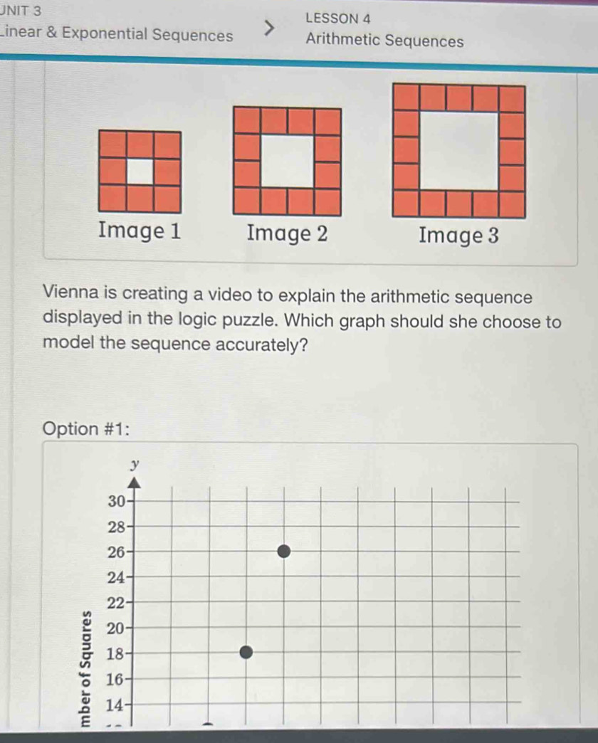 JNIT 3 LESSON 4
Linear & Exponential Sequences Arithmetic Sequences
Image 1 Image 2 Image 3
Vienna is creating a video to explain the arithmetic sequence
displayed in the logic puzzle. Which graph should she choose to
model the sequence accurately?
Option #1: