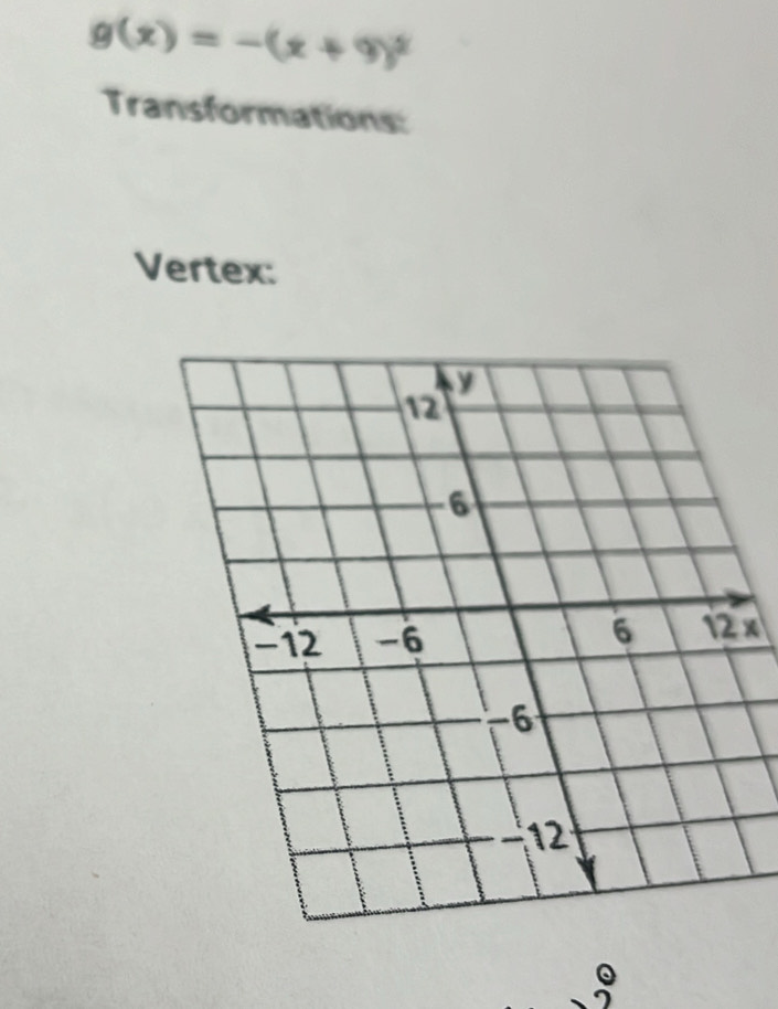 g(x)=-(x+9)^2
Transformations: 
Vertex: 
×