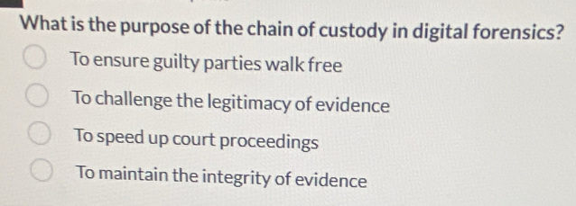 What is the purpose of the chain of custody in digital forensics?
To ensure guilty parties walk free
To challenge the legitimacy of evidence
To speed up court proceedings
To maintain the integrity of evidence