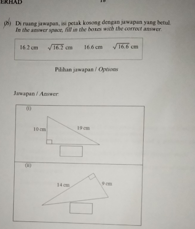 ERHAD 
(b) Di ruang jawapan, isi petak kosong dengan jawapan yang betuL 
In the answer space, fill in the boxes with the correct answer
16.2 cm sqrt(16.2)cm 16.6 cm sqrt(16.6)cm
Pilihan jawapan / Options 
Jawapan / Answer 
(1) 
(i1)