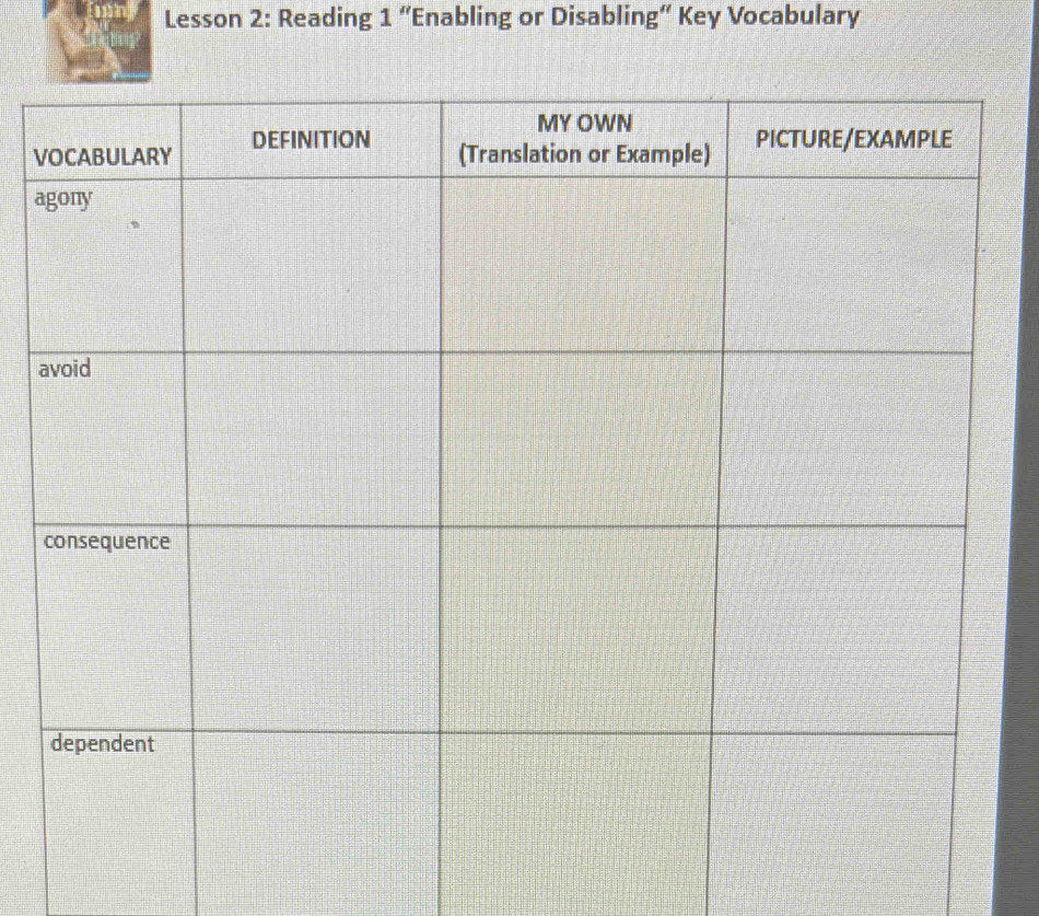 Lesson 2: Reading 1 “Enabling or Disabling” Key Vocabulary 
V 
a 
a