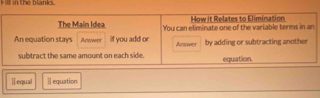 Fill in the blanks. 
equal 1 3/4  equation