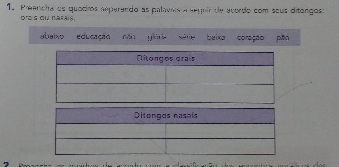 Preencha os quadros separando as palavras a seguir de acordo com seus ditongos: 
orais ou nasais. 
abaixo educação não glória série baixa coração pāo 
s vo c á lico s d a