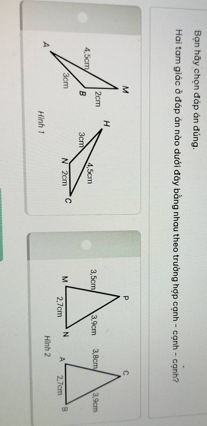 Bạn hãy chọn đáp án đúng. 
Hai tam giác ở đáp án nào dưới đây bằng nhau theo trường hợp cạnh - cạnh - cạnh? 



Hình 2 
Hình 1