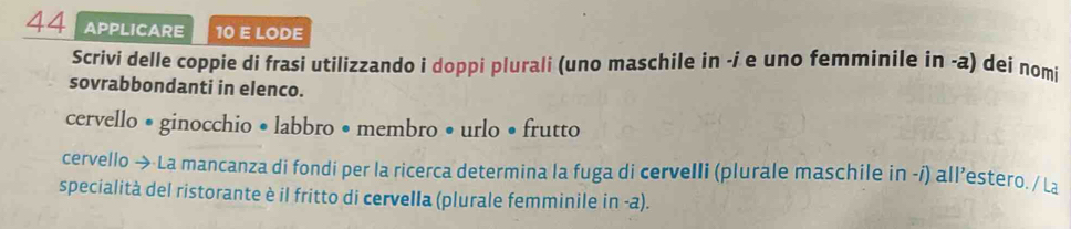 APPLICARE 10 E LODE 
Scrivi delle coppie di frasi utilizzando i doppi plurali (uno maschile in -i e uno femminile in -a) dei nomi 
sovrabbondanti in elenco. 
cervello • ginocchio • labbro • membro • urlo • frutto 
cervello → La mancanza di fondi per la ricerca determina la fuga di cervelli (plurale maschile in -í) all’estero. / La 
specialità del ristorante è il fritto di cervella (plurale femminile in -a).