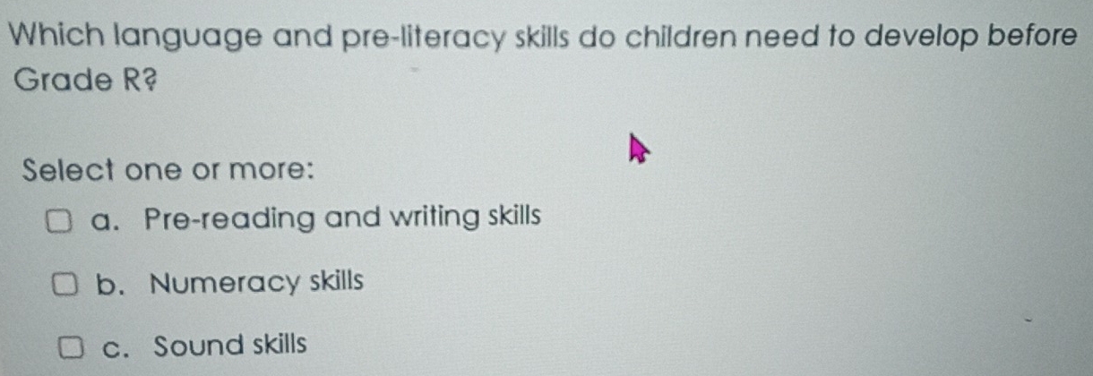 Which language and pre-literacy skills do children need to develop before
Grade R?
Select one or more:
a. Pre-reading and writing skills
b. Numeracy skills
c. Sound skills