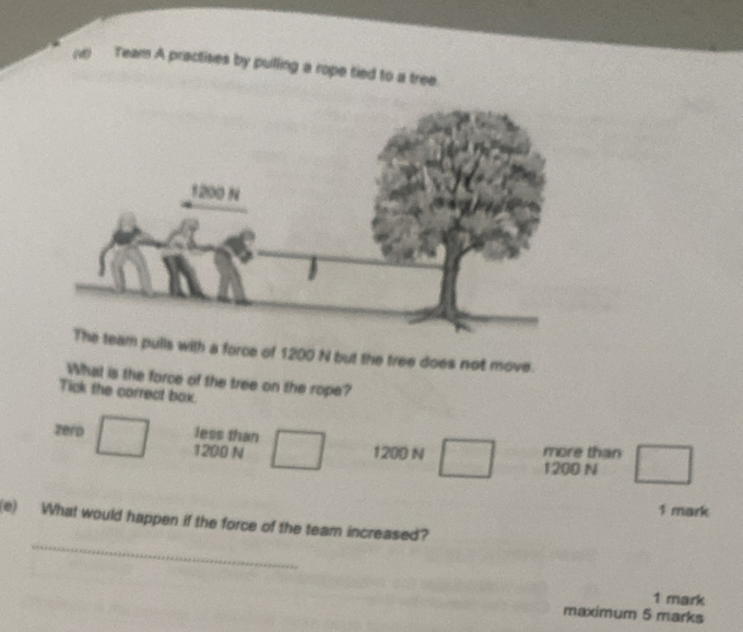 no Team A practises by pulling a rope tied to a tree.
but the tree does not move.
What is the force of the tree on the rope?
Tick the correct box.
zero less than more than
1200 N 1200 N 1200 N
1 mark
_
(e) What would happen if the force of the team increased?
1 mark
maximum 5 marks