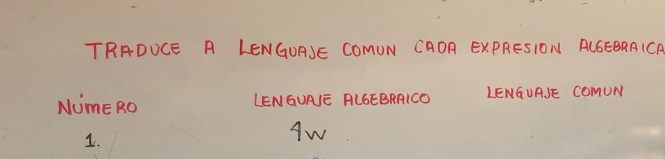 TRADUCE A LENGOAJE COMUN CAOA EXPRESION ALGEBRAIC 
NUmE RO LENGUAE ALGEBRAICO LENGUASE COmUN 
1. 
Aw