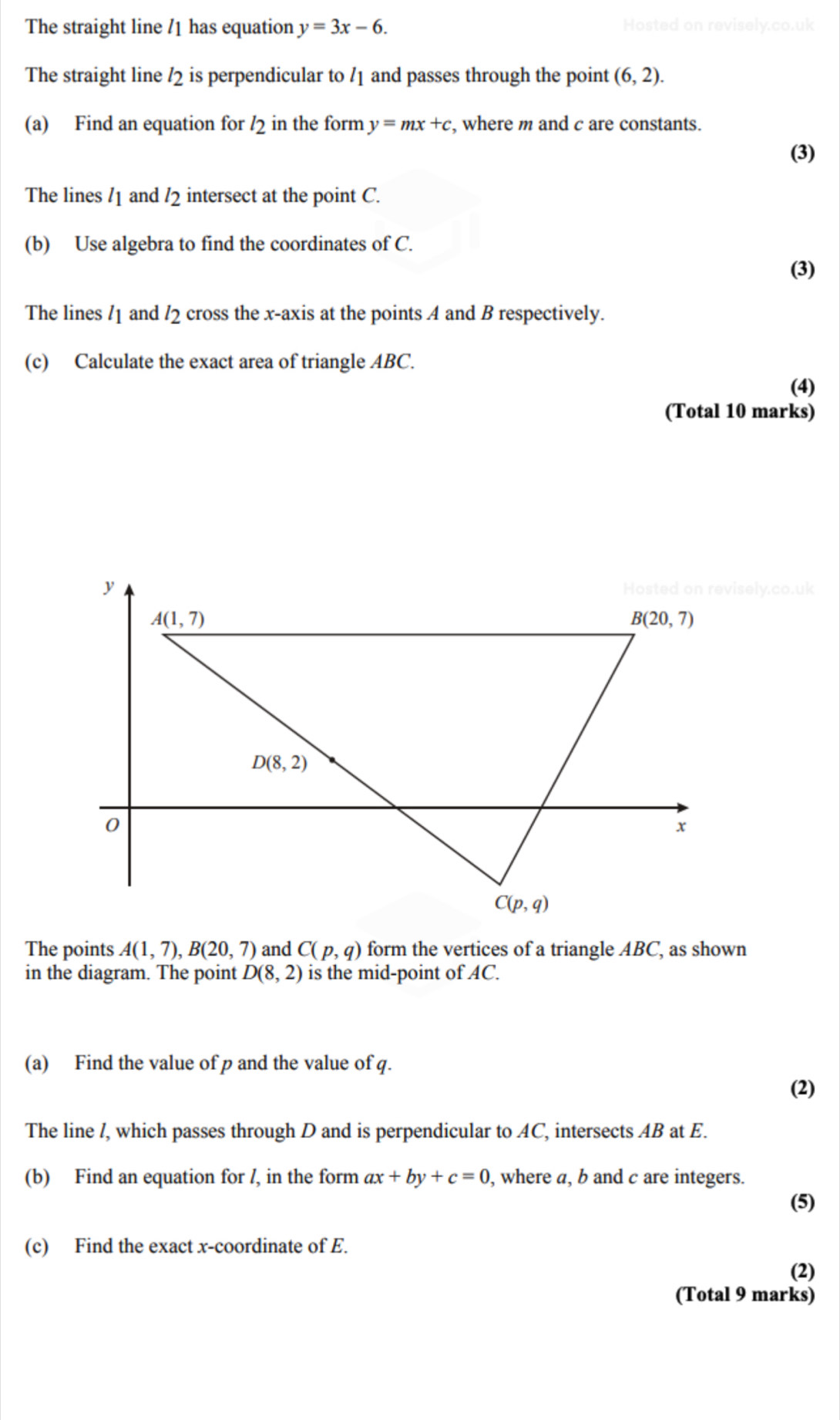 The straight line /1 has equation y=3x-6. Hosted on revisely.co.uk
The straight line /2 is perpendicular to /1 and passes through the point (6,2).
(a) Find an equation for /2 in the form y=mx+c , where m and c are constants.
(3)
The lines /1 and /2 intersect at the point C.
(b) Use algebra to find the coordinates of C.
(3)
The lines /1 and /2 cross the x-axis at the points A and B respectively.
(c) Calculate the exact area of triangle ABC.
(4)
(Total 10 marks)
sely.co.uk
The points A(1,7),B(20,7) and C(p,q) form the vertices of a triangle ABC, as shown
in the diagram. The point D(8,2) is the mid-point of AC.
(a) Find the value of p and the value of q.
(2)
The line /, which passes through D and is perpendicular to AC, intersects AB at E.
(b) Find an equation for /, in the form ax+by+c=0 , where a, b and c are integers.
(5)
(c) Find the exact x-coordinate of E.
(2)
(Total 9 marks)