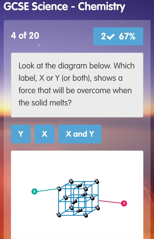 GCSE Science - Chemistry 
4 of 20 2✔ 67% 
Look at the diagram below. Which 
label, X or Y (or both), shows a 
force that will be overcome when 
the solid melts?
Y x X and Y
a