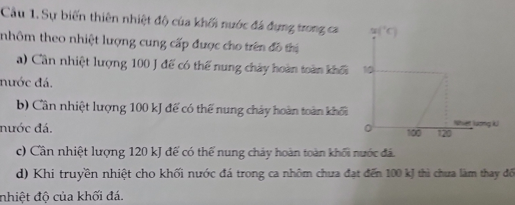 Cầu 1. Sự biến thiên nhiệt độ của khối nước đá đựng trong ca
tnhôm theo nhiệt lượng cung cấp được cho trên đô thị
a) Cần nhiệt lượng 100 J đế có thể nung chây hoàn toàn khối
nước đá.
b) Cần nhiệt lượng 100 kJ đế có thể nung chảy hoàn toàn khối
nước đá.
c) Cần nhiệt lượng 120 kJ đế có thể nung chảy hoàn toàn khối nước đá.
d) Khi truyền nhiệt cho khối nước đá trong ca nhôm chưa đạt đến 100 kJ thì chưa làm thay đố
nhiệt độ của khối đá.