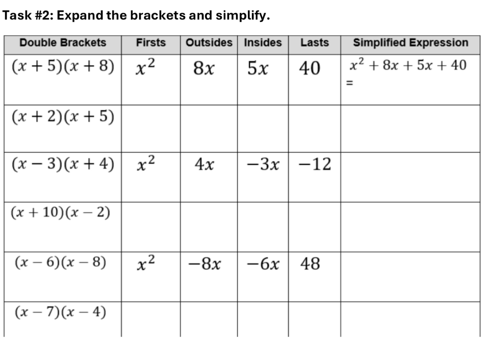 Task #2: Expand the brackets and simplify.