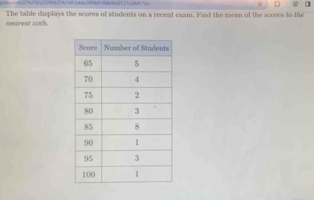 cient/2762765/22856374/5852dde3f89e5184b9fa9127cd9457be ☆ 
The table displays the scores of students on a recent exam. Find the mean of the scores to the 
nearest 10th.