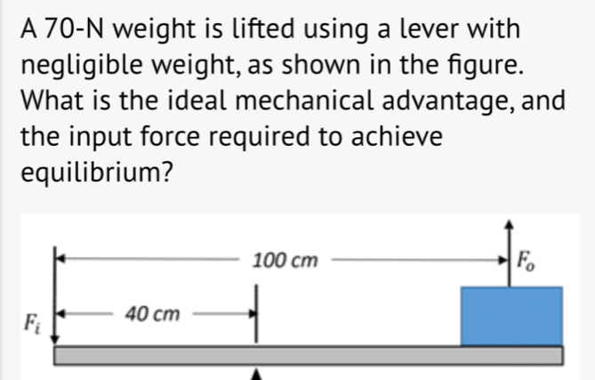 A 70-N weight is lifted using a lever with
negligible weight, as shown in the figure.
What is the ideal mechanical advantage, and
the input force required to achieve
equilibrium?