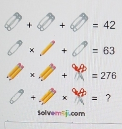 + + □ =42 
× + =63 
x
=276
+ × = ? 
Solvem3ji.com