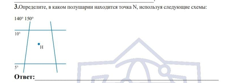 3.Определитее ве каком πолушарии находится точка Νе используя следуюошие схемь:
Otbet:_
_