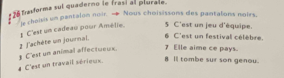 Trasforma sul quaderno le frasi al plurale. 
Je choisis un pantalon noir. Nous choisissons des pantalons noirs. 
1 C'est un cadeau pour Amélie. 
5 C'est un jeu d'équipe. 
2 J'achète un journal. 
6 C'est un festival célèbre. 
3 C’est un animal affectueux. 
7 Elle aime ce pays. 
4 C'est un travail sérieux. 
8 Il tombe sur son genou.