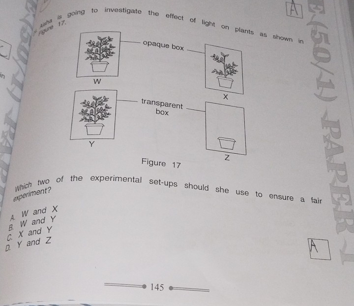 Alsha is going to investigate the effect of light on plants as shown in Figure 17.
opaque box
n
transparent box
Figure 17
Which two of the experimental set-ups should she use to ensure a fair
experiment?
D. Y and Z C. X and Y B. W and Y A. W and X
A
145