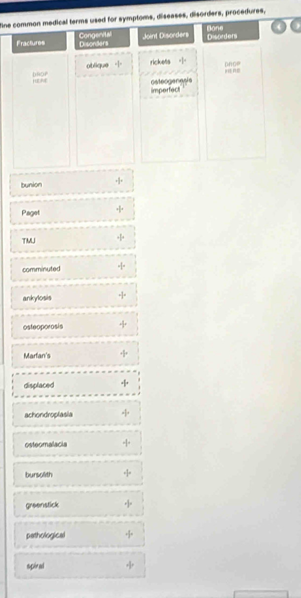 fine common medical terms used for symptoms, diseases, disorders, procedures,
Congenital Joint Disorders Bone
Fractures Disorders Disorders
oblique rickets
DROP DAOP HEAE
HERE osteogenasis
imperfect
bunion
Paget
TMJ
comminuted
ankylosis
osteoporosis
Marfan's
displaced
achondroplasia
osteoralacia
bursolith
greenstick
pathological
spiral